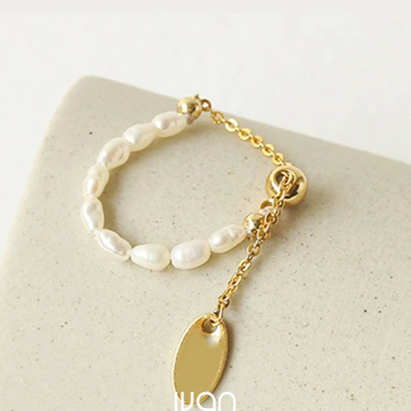 French Pearl Chain Adjustable Gold Plated Ring